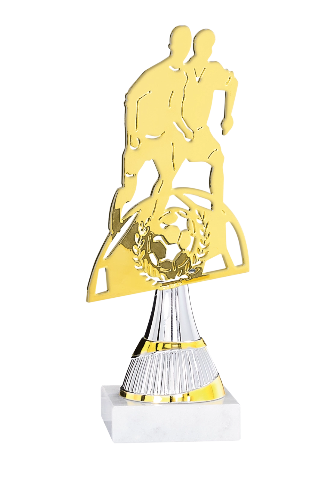 Trophée Football Métal Découpé Laser 21 cm – Base Marbre Blanc 55109 – Trophyshop