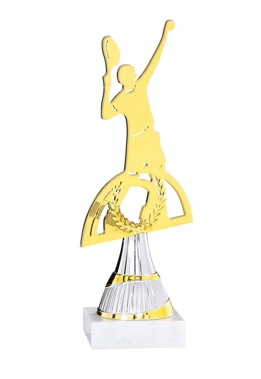 Trophée Tennis Métal Découpé Laser 21 cm – Base Marbre Blanc 55114 – Trophyshop