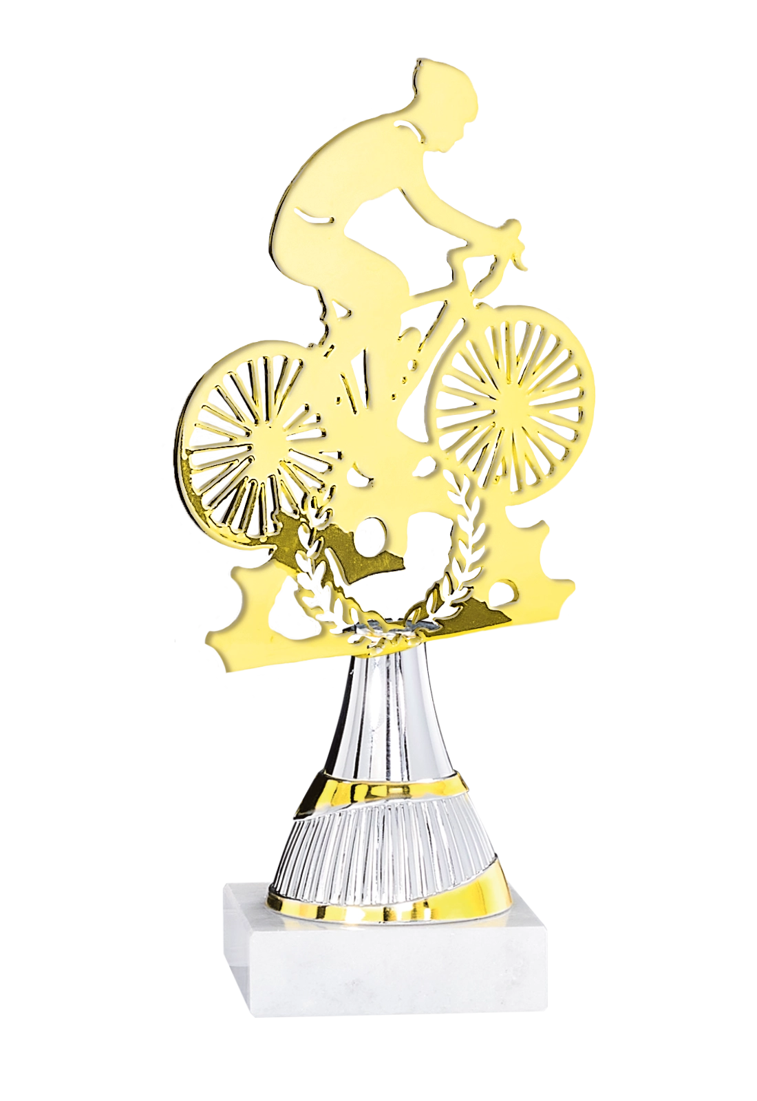 Trophée Cyclisme Métal Découpé Laser 21 cm – Base Marbre Blanc 55115 – Trophyshop