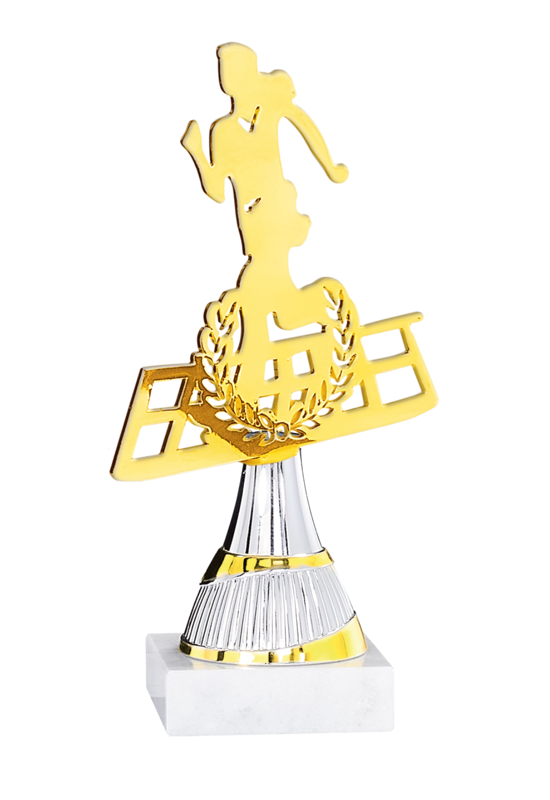 Trophée Course à Pied Femme Métal Découpé Laser 21 cm – Base Marbre Blanc 55105 – Trophyshop