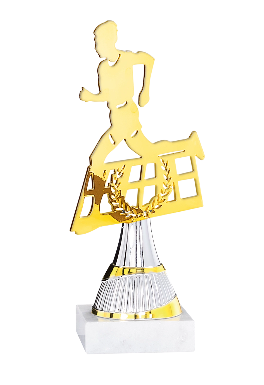 Trophée Course à Pied Métal Découpé Laser 21 cm – Base Marbre Blanc 55106 – Trophyshop