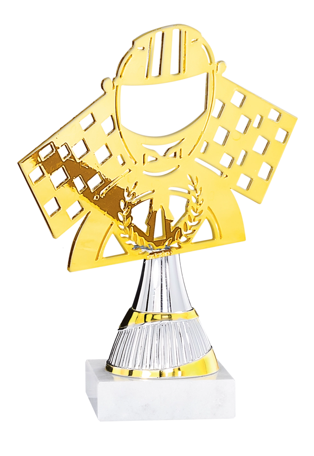 Trophée Auto-Moto Métal Découpé Laser 21 cm - Base Marbre Blanc 55102 – Trophyshop
