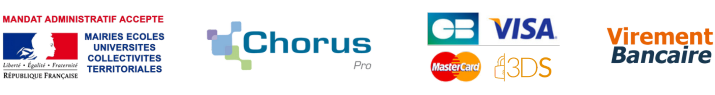 Moyens de paiement acceptés : mandat administratif, Chorus Pro, CB/Visa/Mastercard, virement bancaire